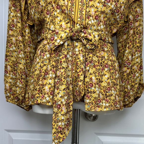 Max Studio Brown Floral Ruffle Wrap Tie Waist Peasant Boho Blouse V-Neck Size M - Picture 5 of 12